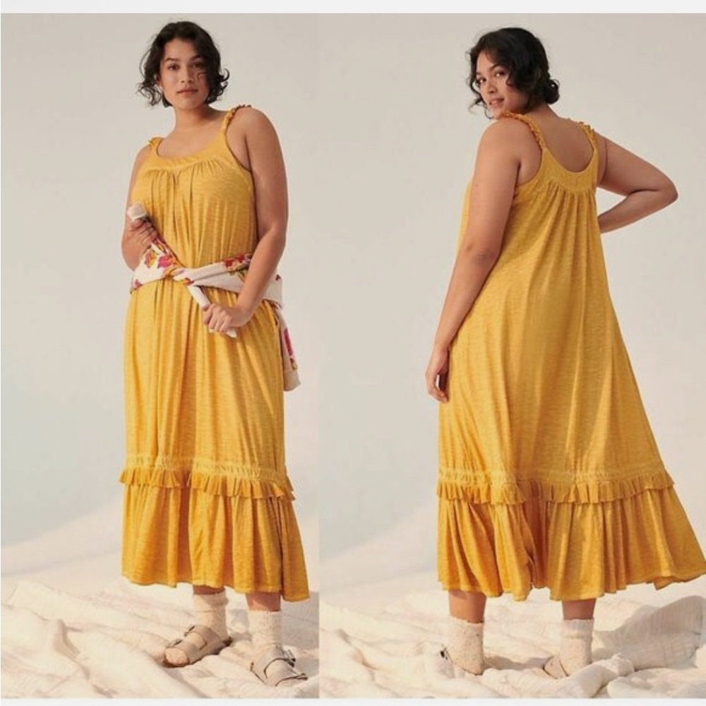 A8 Anthropologie Britt Tiered Midi Dress Yellow Cotton